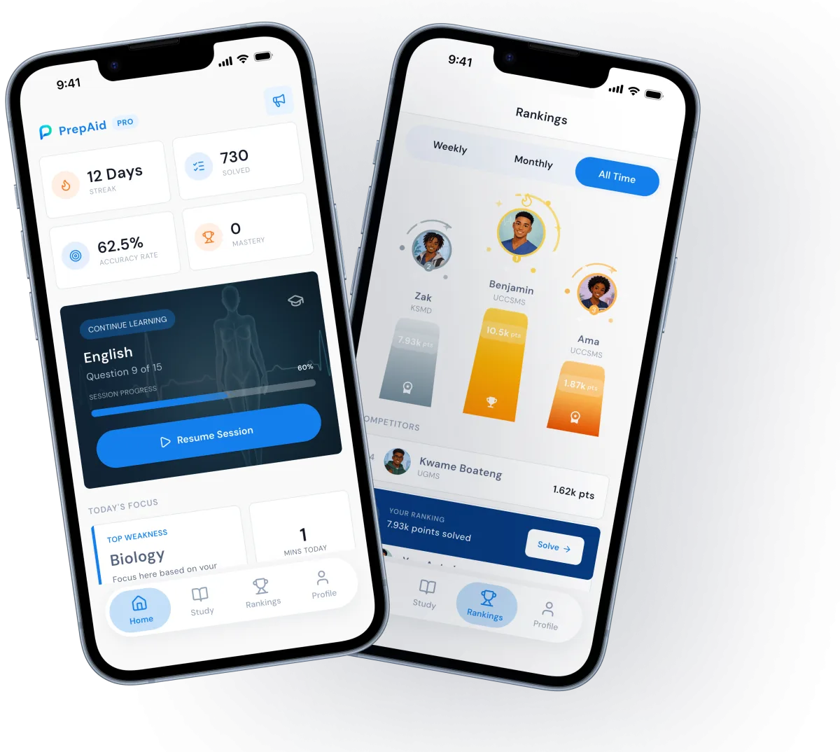 PrepAid on two phones: the home screen with streak, questions solved and accuracy rate, and the rankings leaderboard