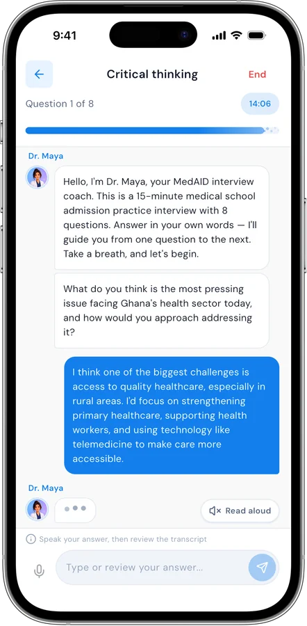 AI Interview Coach chat with Dr. Maya asking a critical thinking question
