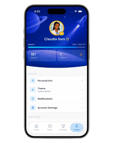 Profile screen with level progress, XP bar and account settings