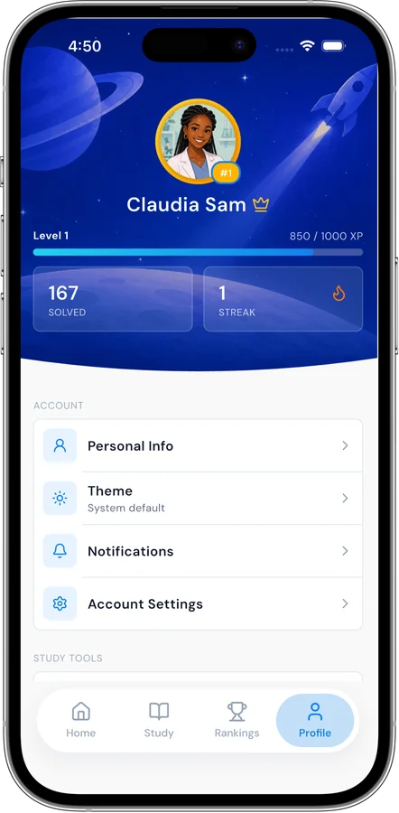 Profile screen with level progress, XP bar and account settings