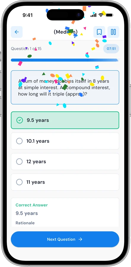 Quiz screen showing a question, the correct answer highlighted and its rationale