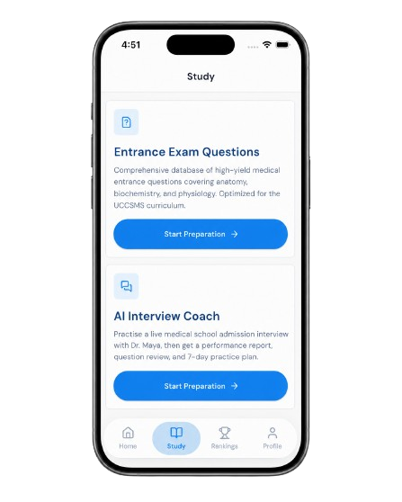 Study screen with Entrance Exam Questions and AI Interview Coach modules