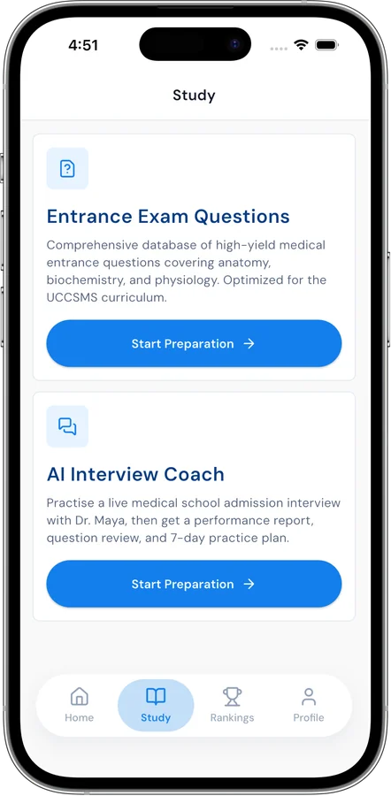 Study screen with Entrance Exam Questions and AI Interview Coach modules